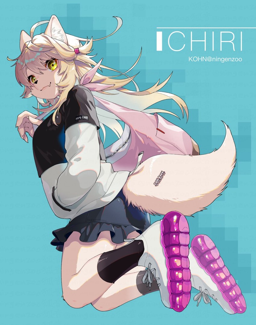 accessory ahoge anthro black_nose bottomwear clothing fangs female female_anthro footwear fur hair hair_accessory jacket kemono looking_at_viewer miniskirt shoes shoulder_bag skirt sneakers socks solo sticker tan_body tan_fur teeth topwear yellow_eyes ningenzoo ichiri_(ningenzoo) canid canine mammal artist_name character_name hi_res