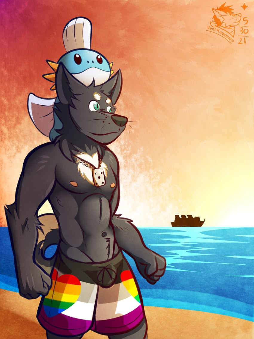 anthro asexual_pride_colors beach black_body black_fur blue_body boat brown_body brown_fur clothing clothing_cord dominoes drawstring drawstring_swimwear duo feral fur green_eyes heart_clothing heart_print heart_swimming_trunks heart_swimwear heart_symbol lgbt_pride male muscular muscular_anthro muscular_male neckwear outside pride_color_clothing pride_color_swimwear pride_colors pride_heart print_clothing print_swimming_trunks print_swimwear rainbow_heart rainbow_pride_colors rainbow_symbol seaside six-stripe_rainbow_pride_colors string_bow summer swimming_trunks swimwear tied_drawstring tied_string vehicle walking water watercraft white_body white_fur ventkazemaru nintendo pokemon canid canine canis generation_3_pokemon mammal mudkip pokemon_(species) wolf 3:4 absurd_res hi_res