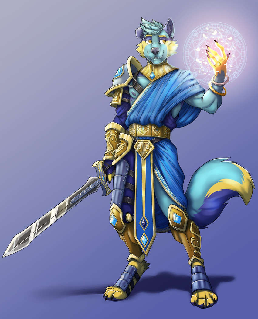 4_toes 5_fingers anthro black_nose feet fingers green_hair hair holding_melee_weapon holding_object holding_sword holding_weapon male melee_weapon solo sword toes weapon yellow_eyes ticl sai_(cyphrus9) canid canine canis domestic_dog mammal 2020 absurd_res digital_media_(artwork) hi_res