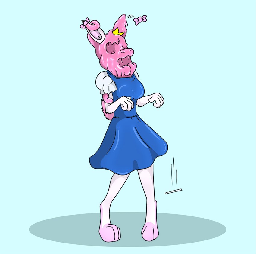 anthro biped blonde_hair blue_background breasts clothed clothing digitigrade dress dropping_object face_imprint female fully_clothed fur goo_transformation hair imprint motion_lines open_mouth pink_inner_ear simple_background solo standing tail transformation white_body white_fur fox0808 jill_(scotskunk) lagomorph leporid mammal rabbit 2011 colored