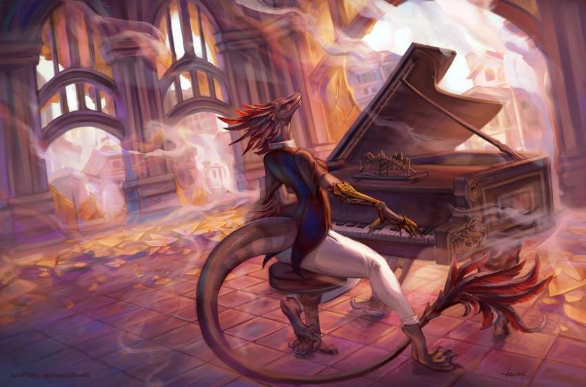 anthro bottomwear breasts broken_glass chaos clothing feathers female glass keyboard_instrument musical_instrument non-mammal_breasts pants piano sitting smoke solo tail white_bottomwear white_clothing white_pants disonti dinosaur dromaeosaurid prehistoric_species reptile scalie theropod digital_media_(artwork) hi_res