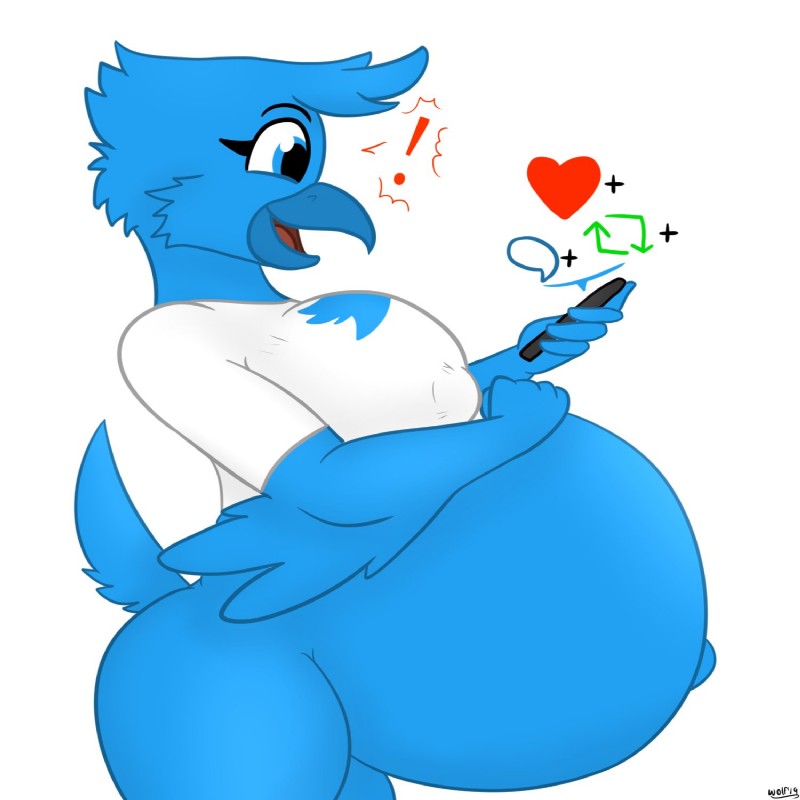 anthro beak belly big_belly blue_body blue_eyes blue_feathers bottomless breasts clothed clothing electronics exclamation_point feathers female hand_on_belly heart_symbol navel non-mammal_breasts outie outie_navel phone pregnant pregnant_anthro pregnant_female shirt simple_background smile solo topwear white_background undyingwolf twitter tweetfur avian bird 1:1 2019 hi_res meme