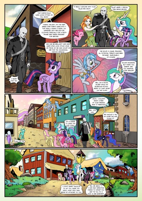 city clothed clothing dialogue dock_(anatomy) exclamation_point female feral food group horn male tail text wings pencils_(artist) friendship_is_magic hasbro my_little_pony mythology anon fan_character fluttershy_(mlp) mascara_maroon maud_pie_(mlp) pinkie_pie_(mlp) princess_celestia_(mlp) princess_luna_(mlp) sky_shatter_(mlp) earth_pony equid equine horse human hybrid mammal mythological_creature mythological_equine pegasus pony satyr unicorn winged_unicorn 2017 comic english_text hi_res