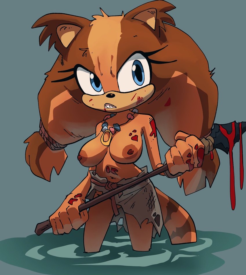 angry anthro blood blue_eyes bodily_fluids bottomwear breasts brown_body brown_fur casual_exposure clenched_teeth clothed clothing female fur holding_melee_weapon holding_object holding_polearm holding_spear holding_weapon jewelry melee_weapon necklace nipples partially_submerged polearm skirt solo spear teeth topless topless_anthro topless_female weapon inker_comics sega sonic_boom sonic_the_hedgehog_(series) sticks_the_jungle_badger badger mammal mustelid musteline 2023 hi_res portrait three-quarter_portrait