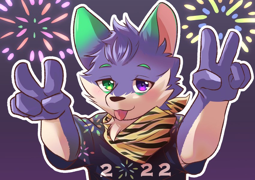 anthro blep clothing eyebrows fireworks fur gesture green_eyebrows green_eyes hair half-closed_eyes hand_gesture heterochromia kerchief looking_at_viewer male narrowed_eyes neck_tuft outline print_clothing print_shirt print_topwear purple_body purple_eyes purple_fur purple_hair shirt simple_background solo striped_kerchief tongue tongue_out topwear tuft v_sign white_outline potato_12_13 new_year_2022 ayu_space_(potato_12_13) canid canine canis domestic_dog mammal 2022 hi_res