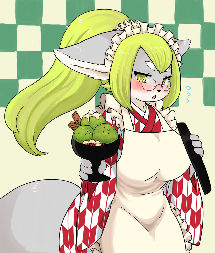 4_fingers anthro apron big_breasts blush breasts clothed clothing eyewear female fingers fully_clothed fur glasses green_eyes green_hair grey_body grey_fur hair huge_breasts kemono looking_at_viewer open_mouth simple_background solo nobox05 cyberconnect2 drecom full_bokko_heroes oota_suketomo_(full_bokko_heroes) canid canine fox mammal 2019 hi_res