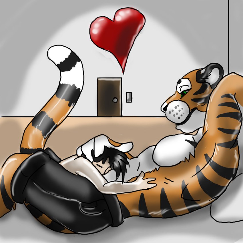 anthro bed bedroom belly_hug clothing door duo eyes_closed furniture hand_on_partner heart_symbol holding_belly hug larger_anthro larger_male looking_down lying male male/male on_top size_difference smaller_human smaller_male smile tail jeremiah_leckrone nero_(shorty) felid human mammal pantherine tiger 1:1