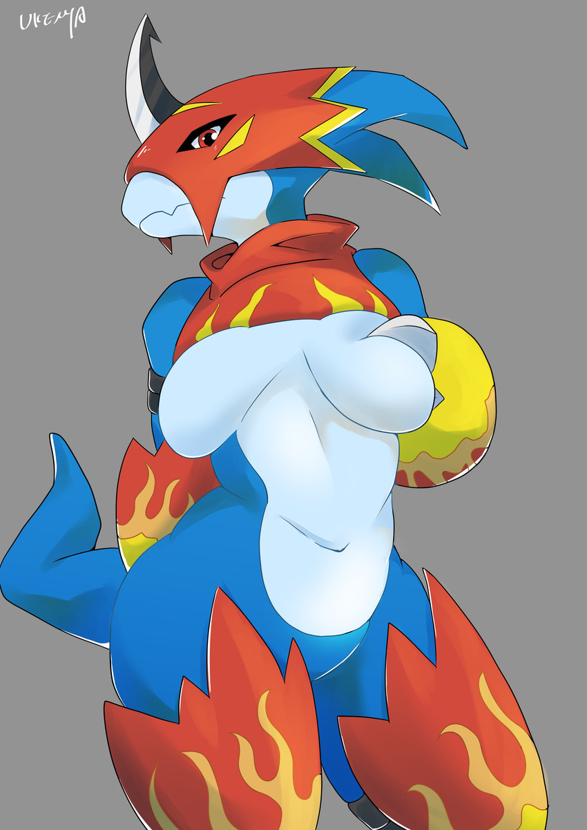 anthro blue_body blue_tail breasts clothing featureless_breasts female grey_background multicolored_clothing navel pupils red_clothing red_eyes simple_background solo tail yellow_clothing ukenya bandai_namco digimon digimon_(species) flamedramon absurd_res hi_res