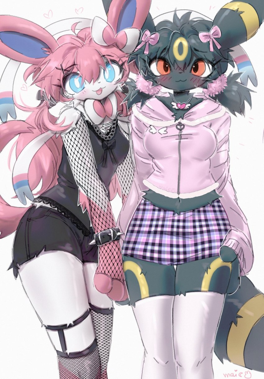 :3 anthro anthrofied armwear blue_eyes blush blush_lines bottomwear bow_ribbon breasts clothed clothing duo female female/female fishnet_armwear fishnet_clothing fishnet_legwear fur grey_body grey_fur grey_hair hair heart_symbol jewelry legwear looking_at_viewer markings necklace open_mouth paws pink_hair pokemorph red_eyes ribbons_(anatomy) ring_(marking) simple_background skirt smile tail white_background white_body white_fur maimoonrabbit nintendo pokemon eeveelution generation_2_pokemon generation_6_pokemon pokemon_(species) sylveon umbreon 2025 hi_res signature