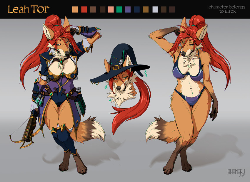 anthro book bra breasts clothing crossbow fantasy female hair hat headgear headwear long_hair looking_at_viewer magic_user potion ranged_weapon red_hair solo spellbook underwear weapon witch witch_hat shamerli leah_tor_(elfox) canid canine fox mammal 2021 hi_res model_sheet