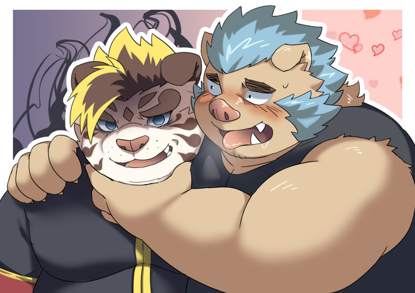 anthro blue_hair blush clothing cupping_chin duo flirting hair heart_symbol male male/male multicolored_hair overweight overweight_male shirt tank_top topwear ptcmtr lifewonders tokyo_afterschool_summoners ganglie_(tas) licho_(tas) felid mammal pantherine suid suine sus_(pig) tiger wild_boar hi_res