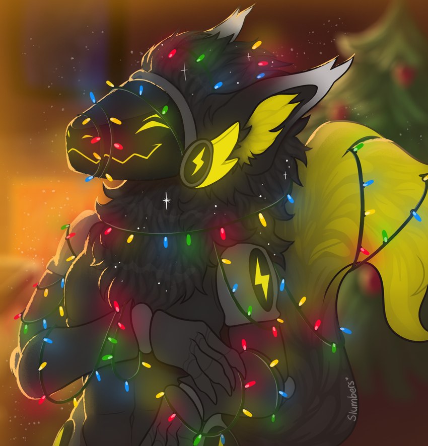 black_body black_fur black_hair black_tail black_tuft christmas_lights christmas_tree dipstick_ears ear_markings fingers fluffy fluffy_ears fluffy_tail fur glowing glowing_eyes hair holidays inside machine male multicolored_ears neck_tuft plant smile solo tail tree tuft white_ear_tips yellow_tail slumbers christmas powersurge_(character) protogen digital_media_(artwork) hi_res