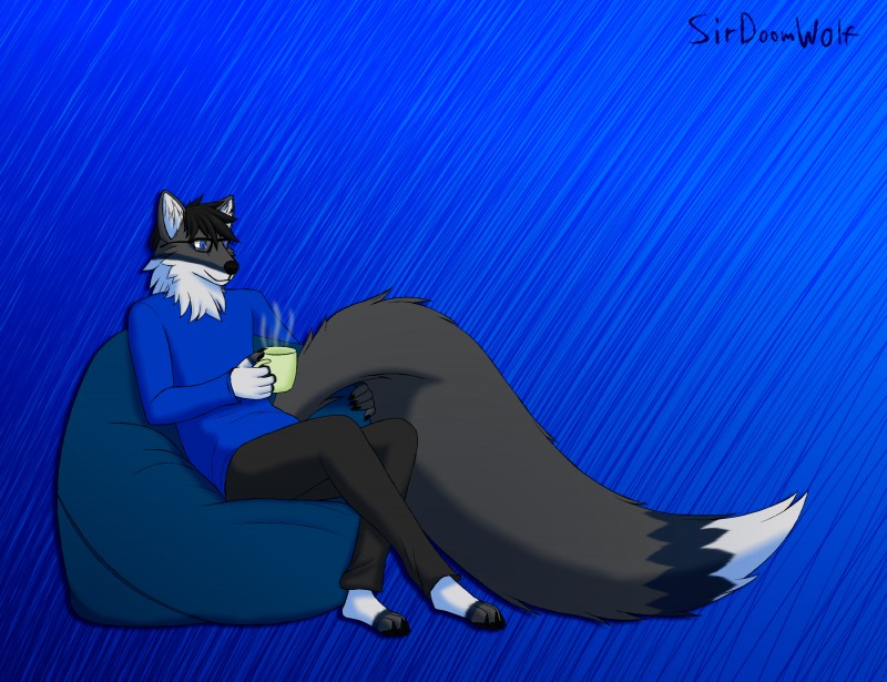 anthro bean_bag biped black_body black_bottomwear black_clothing black_fur black_hair black_nose black_pants black_pawpads blue_background blue_clothing blue_eyes blue_shirt blue_topwear bottomwear canine_ears canine_tail clothed clothing coffee_mug container cup dipstick_tail eyewear fur glasses gloves_(marking) hair handpaw inner_ear_fluff leg_markings male markings mouth_closed multicolored_tail pants pawpads paws shirt simple_background sitting smile snout socks_(marking) solo steam t-shirt tail tail_markings topwear tuft white_body white_fur sirdoomwolf void_doomwolf canid canine canis mammal wolf hi_res