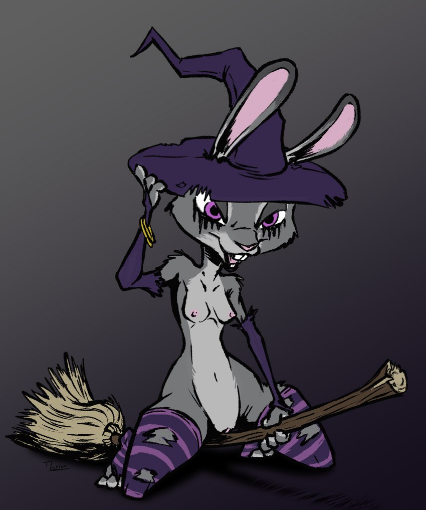 anthro armwear bracelet breasts broom cleaning_tool clothing elbow_gloves eyeshadow female fur genitals gloves grey_body handwear hat headgear headwear jewelry legwear makeup nipples purple_eyes pussy simple_background smile solo stockings witch_hat mortimer_thorn disney zootopia judy_hopps lagomorph leporid mammal rabbit digital_media_(artwork)