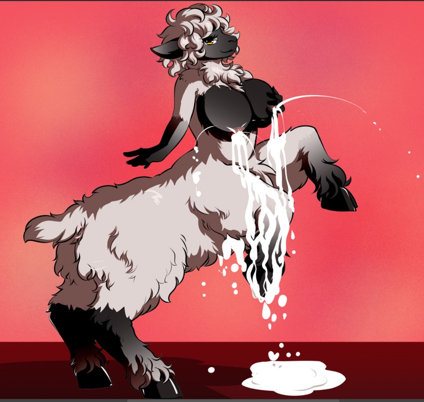 big_breasts bodily_fluids breastmilk breasts brown_eyes excessive_lactation female fur hand_on_breast hooves hyper_lactation lactating milk milk_puddle puddle raised_leg self_grope solo white_body white_fur white_wool wool_(fur) minostofes ali_sharp bovid caprine mammal sheep taur