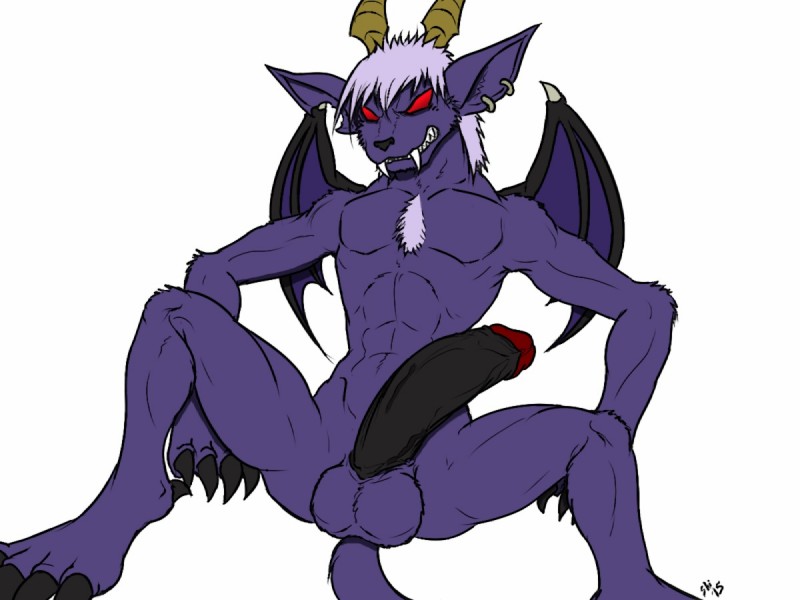 abs angry anthro balls big_penis black_penis chest_tuft claws clenched_teeth ear_piercing erection fur genitals horn humanoid_genitalia humanoid_penis jewelry male membrane_(anatomy) membranous_wings muscular muscular_anthro muscular_male necklace nude pendant penis piercing purple_body purple_fur red_eyes simple_background solo spread_legs spreading teeth tuft white_background wings yellowpower slightly_damned buwaro_elexion demon 2015 4:3