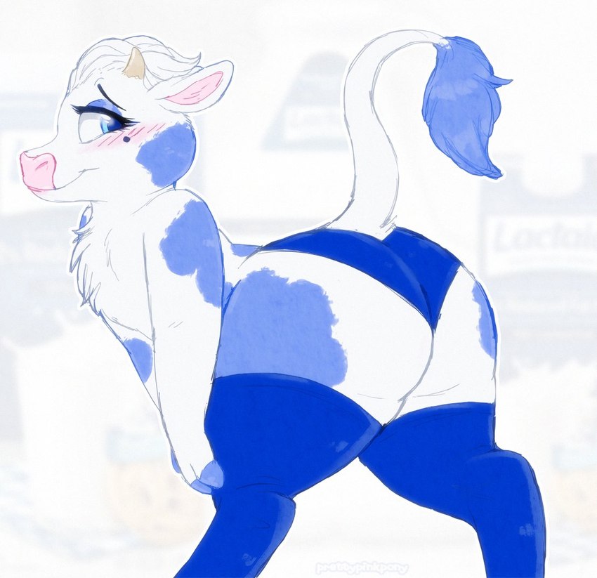 anthro big_butt blue_body blue_fur blush bottomwear butt clothed clothing eyebrows eyelashes eyeliner female fur hair horn legwear looking_at_viewer makeup markings mascot mole_(marking) solo standing thigh_highs topless white_body white_fur white_hair prettypinkpony lactaid lactaid_cow bovid bovine cattle holstein_friesian_cattle mammal 2021