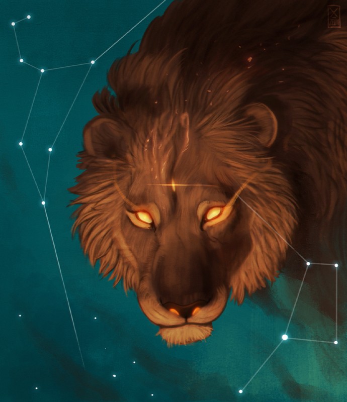 brown_body brown_fur brown_hair constellation empty_eyes fur glowing glowing_eyes glowing_nostrils hair leo_(constellation) male orange_eyes solo star yellow_eyes x-zelfa felid lion mammal pantherine 2018 digital_media_(artwork)