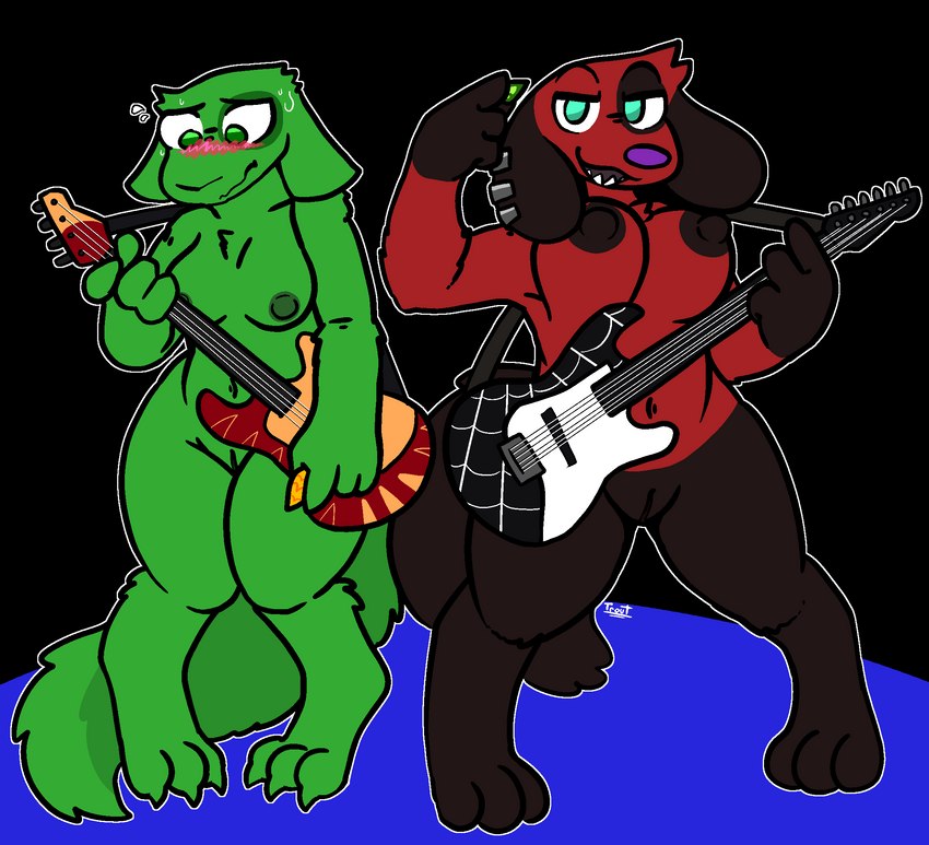 anthro big_breasts blush breast_size_difference breasts duo ear_piercing embarrassed female fur genitals guitar guitar_pick jam_out_with_your_clam_out musical_instrument nipples nude piercing playing_music plucked_string_instrument pussy string_instrument trout_(artist) animal_crossing nintendo cherry_(animal_crossing) mac_(the_rogue) canid canine canis domestic_dog mammal neumono alpha_channel hi_res