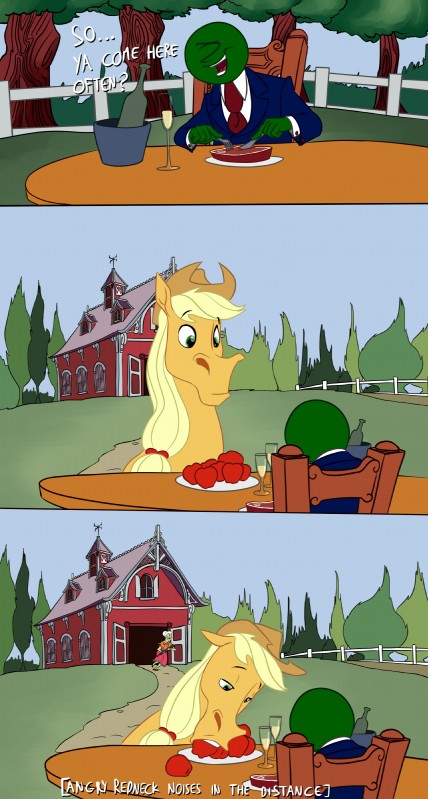 ambiguous_gender apple barn blonde_hair bottle clothed clothing container cowboy_hat eating fence feral food fruit furniture grass green_eyes group hair hat headgear headwear landscape outside plant sky table text tree anontheanon friendship_is_magic hasbro my_little_pony anon applejack_(mlp) granny_smith_(mlp) earth_pony equid equine horse human mammal pony 2017 absurd_res english_text hi_res