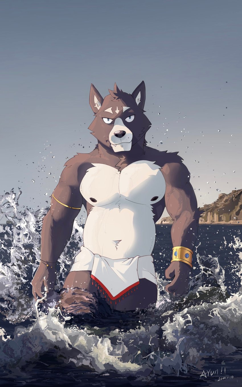 anthro black_nipples black_nose blue_eyes bottomwear bracelet cliff cliff_side clothing facial_piercing fur gold_(metal) gold_jewelry grey_body grey_fur jewelry labret_piercing lip_piercing loincloth looking_at_viewer male multicolored_body multicolored_fur nipples piercing sky solo splashing_water subligaculum two_tone_body two_tone_fur water yuuuuiiin_(artist) adastra adastra_(series) echo_project amicus_(adastra) canid canine canis mammal wolf 5:8 hi_res