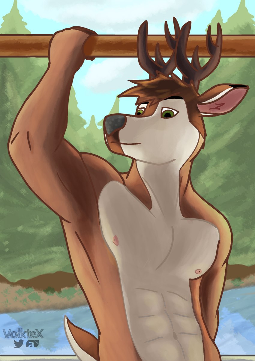 anthro forest forest_background horn male muscular muscular_male nature nature_background plant solo tree volktex sigma_x_(character) deer mammal hi_res