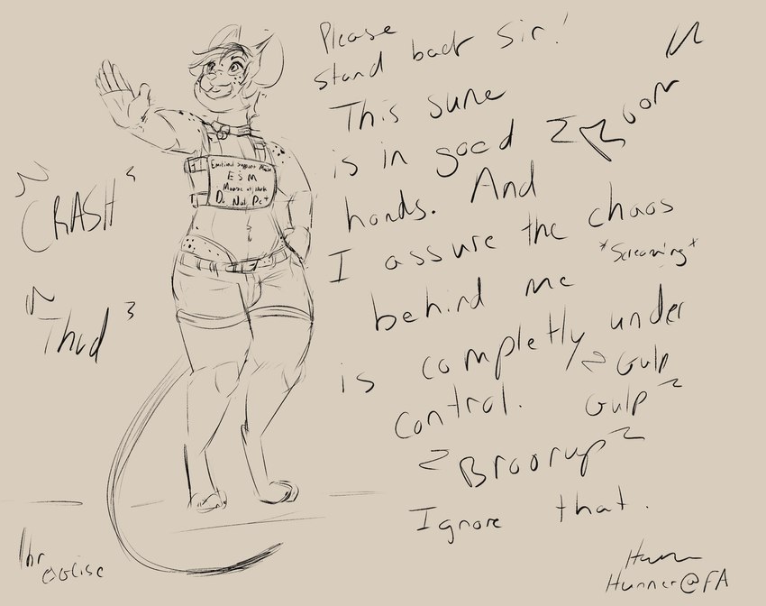 anthro arm_markings barefoot bell bell_collar belt bottomwear bulge clothed clothing collar dialogue digitigrade emotional_support_animal facial_markings feet fur hair head_markings hip_markings hotpants leg_markings looking_at_another looking_away male markings navel offscreen_character onomatopoeia paws shorts shoulder_markings simple_background solo sound_effects spots spotted_markings standing tail text thong thong_straps underwear uniform hunner salty sune mammal rodent english_text hi_res monochrome signature