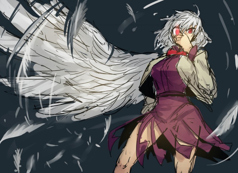 1_wing bottomwear breasts clothed clothing feathered_wings feathers female glowing glowing_eyes hair jacket red_eyes shirt short_hair skirt solo topwear white_body white_feathers white_hair wings melon22 touhou sagume_kishin animal_humanoid avian avian_humanoid humanoid hi_res sketch