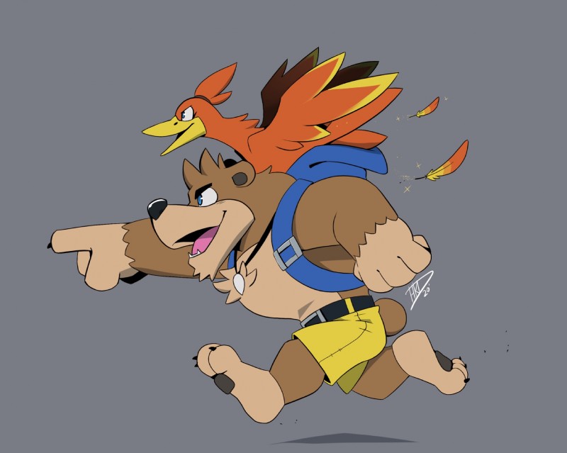 backpack belt bottomwear brown_body brown_fur chest_tuft claws clothing countershading duo feathers female fur gesture grey_background hand_gesture jewelry male muscular necklace open_mouth pawpads pointing red_body red_feathers running shorts side_view simple_background smile teeth tuft hikazedragon banjo-kazooie rareware banjo_(banjo-kazooie) kazooie avian bear breegull mammal 2020 hi_res signature