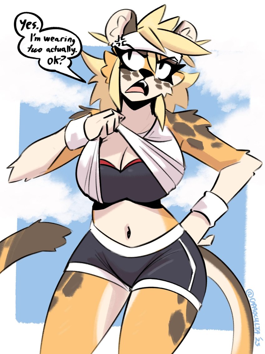 annoyed anthro athletic_wear big_breasts biped black_body black_fur blonde_hair bottomwear bra breasts cleavage clothed clothing clothing_lift cross-popping_vein curvy_figure eye_roll female female_anthro fur gym_bottomwear gym_shorts hair hand_on_hip hand_on_own_hip markings navel no_irises pupils shirt shirt_lift shorts slit_pupils solo sports_bra spots spotted_body spotted_fur sweatband text topwear underwear voluptuous white_body white_fur yellow_body yellow_fur capaoculta alma_(capaoculta) cheetah felid feline mammal 2025 digital_media_(artwork) english_text hi_res portrait three-quarter_portrait