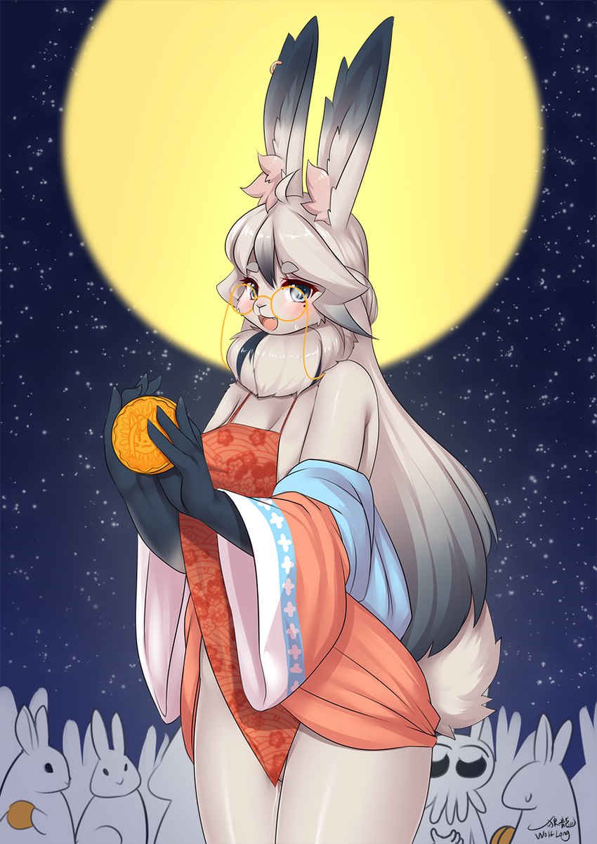 anthro blush breasts clothed clothing eyewear female fur glasses hair looking_at_viewer moon mooncake wolflong moon_rabbit lagomorph leporid mammal rabbit 2022 hi_res