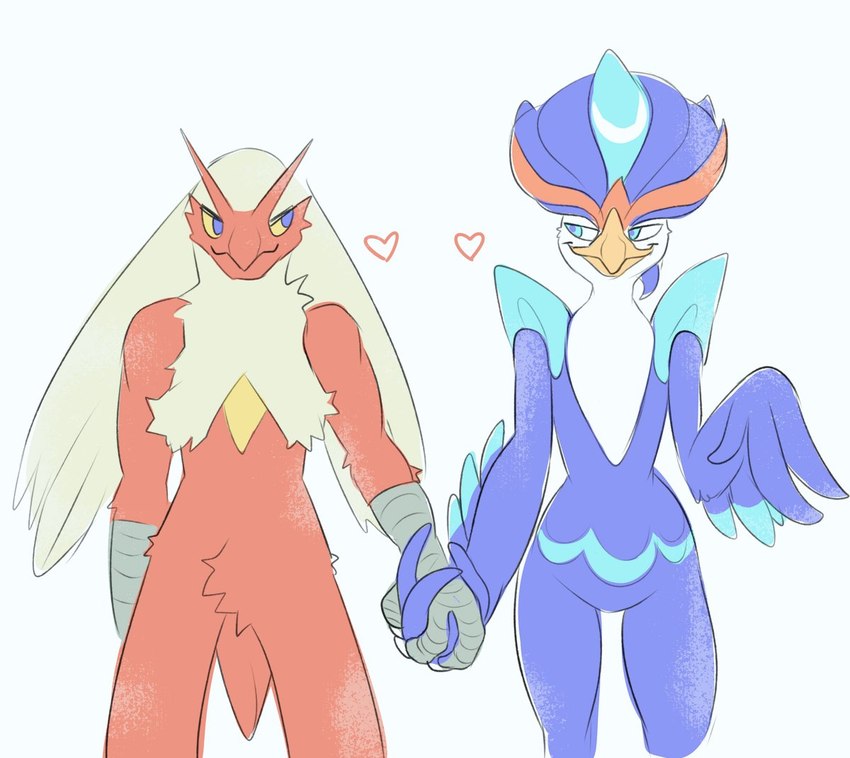 anthro beak blue_body blue_feathers duo feathers hand_holding heart_symbol limp_wrist male male/male red_body red_feathers pigsfw nintendo pokemon avian blaziken generation_3_pokemon generation_9_pokemon pokemon_(species) quaquaval