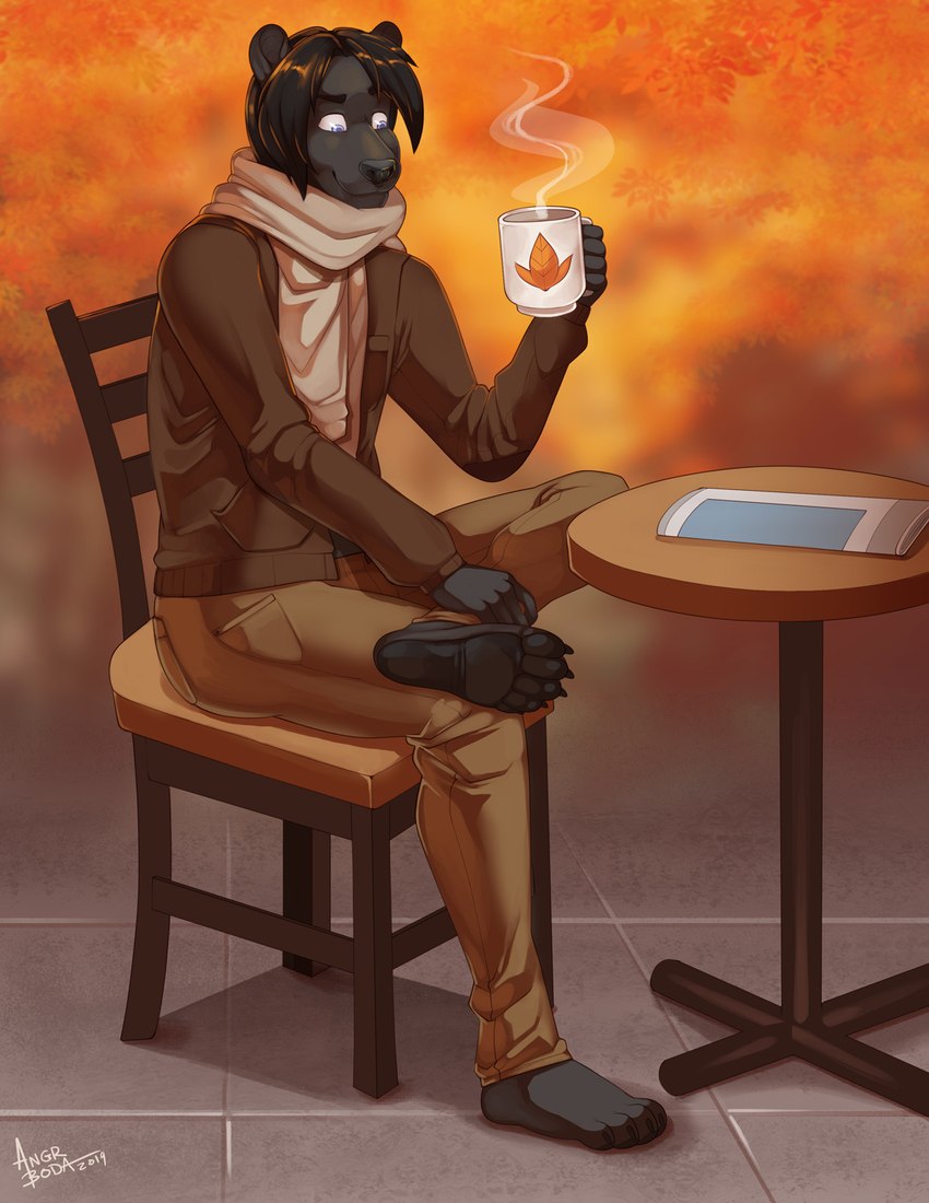 anthro autumn barefoot beverage black_body black_fur black_hair blue_eyes bottomwear chair clothing container cup feet fur furniture hair jacket looking_down male newspaper pants scarf shirt short_hair sitting smile solo table topwear angrboda lauren_rivers bear mammal 2019 hi_res