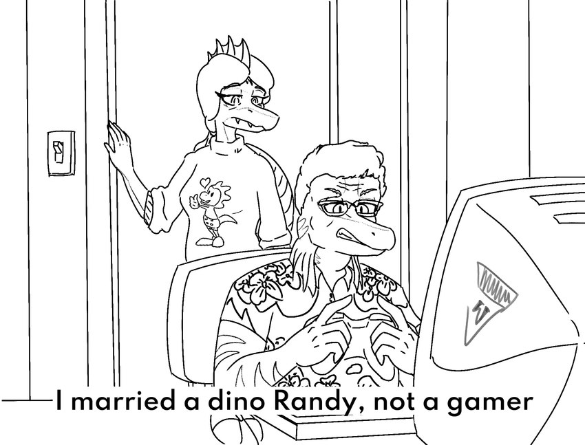 5_fingers aloha_shirt anthro clothing computer computer_mouse controller dialogue duo electronics eyelashes eyewear female fingers frill_(anatomy) game_controller gaming glasses hair husband husband_and_wife inside male married_couple pattern_clothing pattern_shirt pattern_topwear playing_video_game sharp_teeth shirt short_hair sitting snout sweater teeth text topwear wife jacket_ignites cavemanon_studios i_wani_hug_that_gator king_of_the_hill randy_payne sophia_payne dilophosaurid dilophosaurus dinosaur prehistoric_species reptile scalie spinosaurid spinosaurus theropod 2024 black_and_white english_text hi_res monochrome sketch