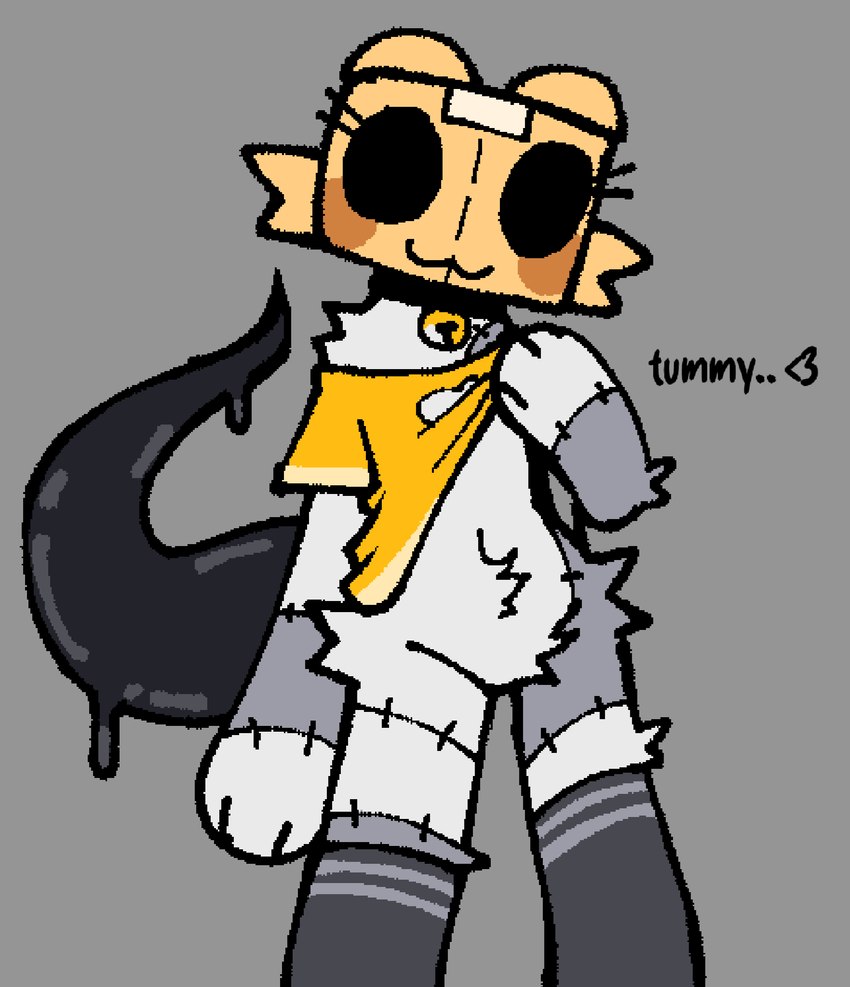 :3 anthro bell bell_collar big_eyes black_body black_collar black_eyes blush blush_stickers bottomless box box_head box_on_head cardboard cardboard_box closed_smile clothed clothing clothing_lift collar container emoticon empty_eyes eyelashes featureless_crotch female fingers flat_chested front_view fur goo_tail grey_background grey_body grey_clothing grey_fur grey_legwear grey_thigh_highs happy jingle_bell jingle_bell_collar legwear looking_at_viewer mouth_closed navel plushie seam_(sewing) shirt shirt_lift simple_background slim smile solo standing text thigh_highs topwear yellow_clothing yellow_shirt yellow_topwear weirdenned animate_inanimate felid feline living_plushie mammal 2025 aliasing binary_drawing digital_drawing_(artwork) digital_media_(artwork) english_text flat_colors hi_res portrait three-quarter_portrait nonbinary_(lore)