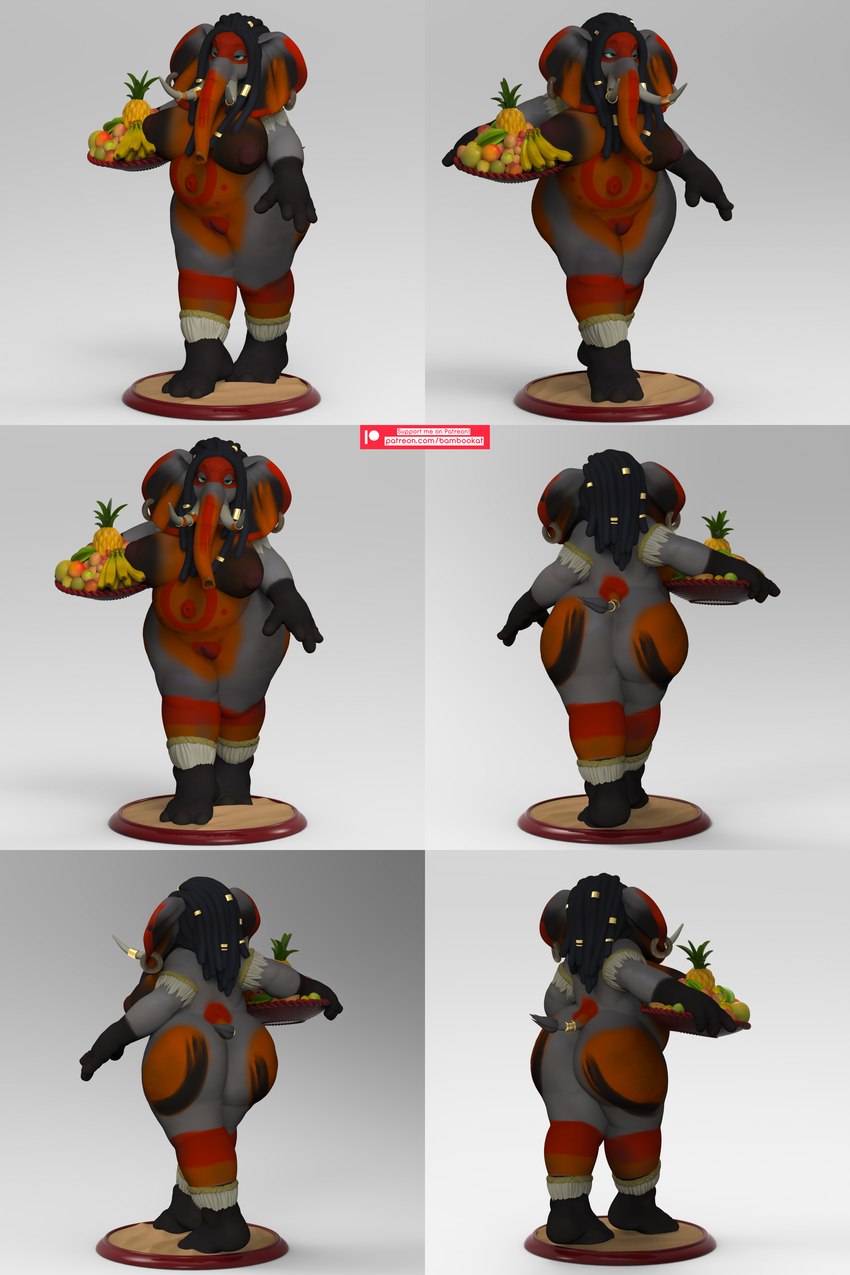 anthro big_breasts big_butt breasts butt dreadlocks ear_piercing ear_ring female food fruit piercing plant platter ring_piercing solo thick_thighs tusks wide_hips bambookat elephant elephantid mammal proboscidean 2:3 3d_(artwork) absurd_res digital_media_(artwork) hi_res