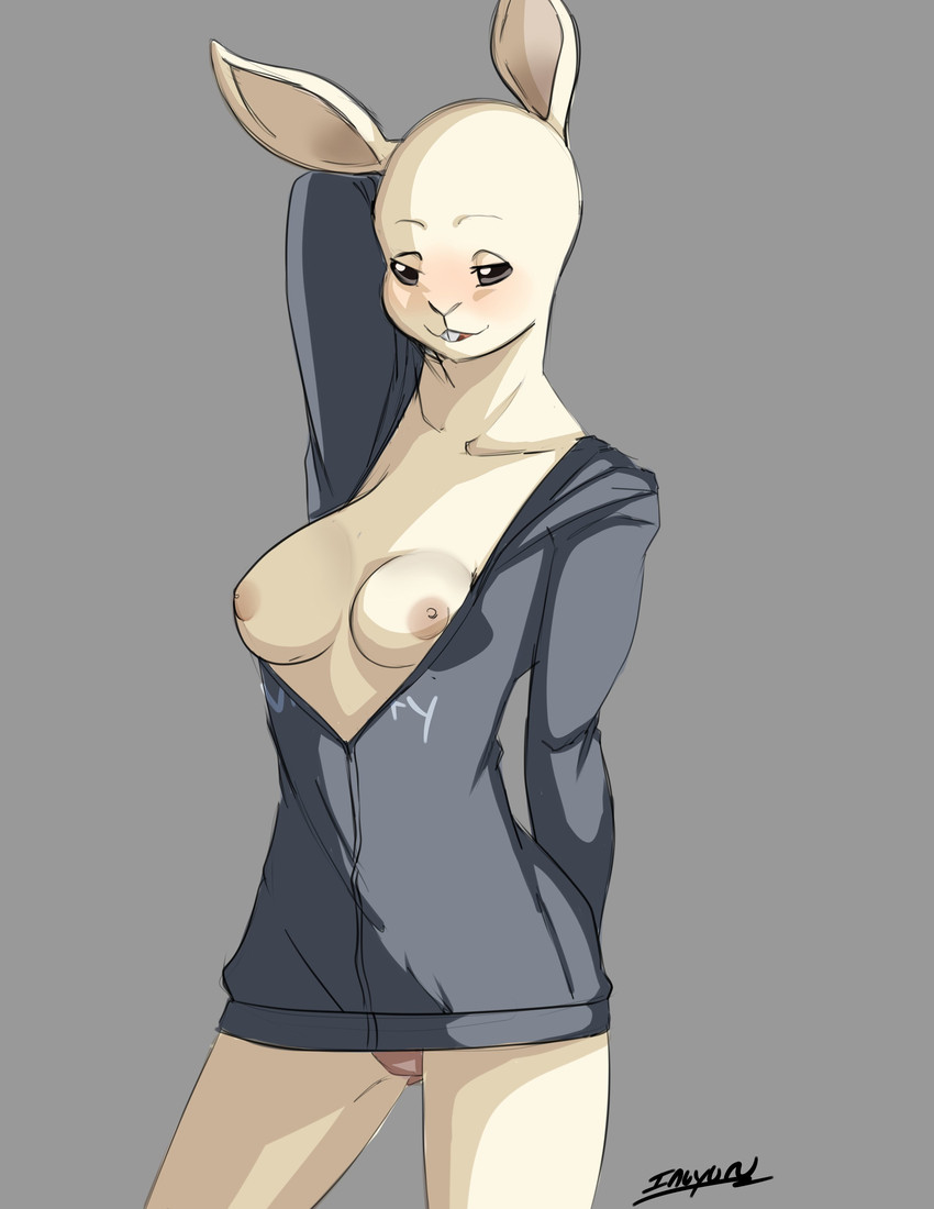 anthro areola bedroom_eyes breasts buckteeth clothed clothing exposed_breasts female front_view fur grey_background hand_behind_head jacket narrowed_eyes nipples open_clothing open_jacket open_topwear panties seductive simple_background solo standing teeth topwear underwear white_body white_fur zipper inuyuru beastars haru_(beastars) domestic_rabbit dwarf_rabbit lagomorph leporid mammal oryctolagus rabbit absurd_res hi_res portrait three-quarter_portrait