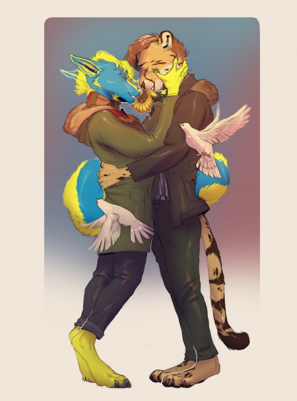 anthro clothed clothing duo face_grab flower hug love male plant simple_background sunflower tail tail_wraps wraps kokeyaw thrushes xaiphafonese zenoth avian bird canid canine cheetah chipsune columbid dove felid feline king_cheetah mammal hi_res