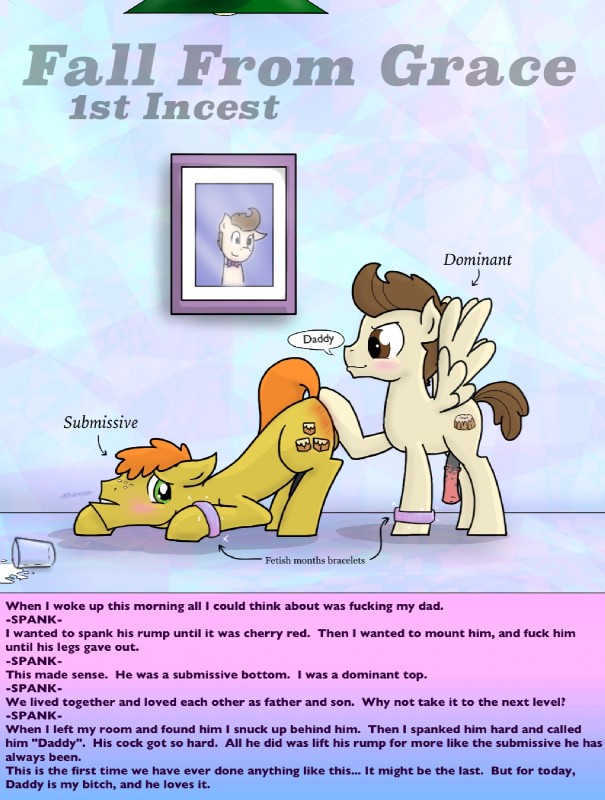 age_difference aged_up butt_slap cake carrot_cake dessert dominant dominant_male duo erection fall_from_grace feral food genitals male male/male nude penis profanity simple_background slap spanking submissive submissive_male text killian_joy friendship_is_magic hasbro my_little_pony mr._cake_(mlp) pound_cake_(mlp) equid mammal english_text hi_res story father_(lore) father_and_child_(lore) father_and_son_(lore) incest_(lore) parent_(lore) parent_and_child_(lore) parent_and_son_(lore) son_(lore)