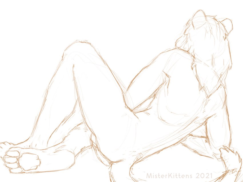 anthro lying male mane on_side pawpads rear_view solo misterkittens sibey felid lion mammal pantherine 2021 4:3 sketch