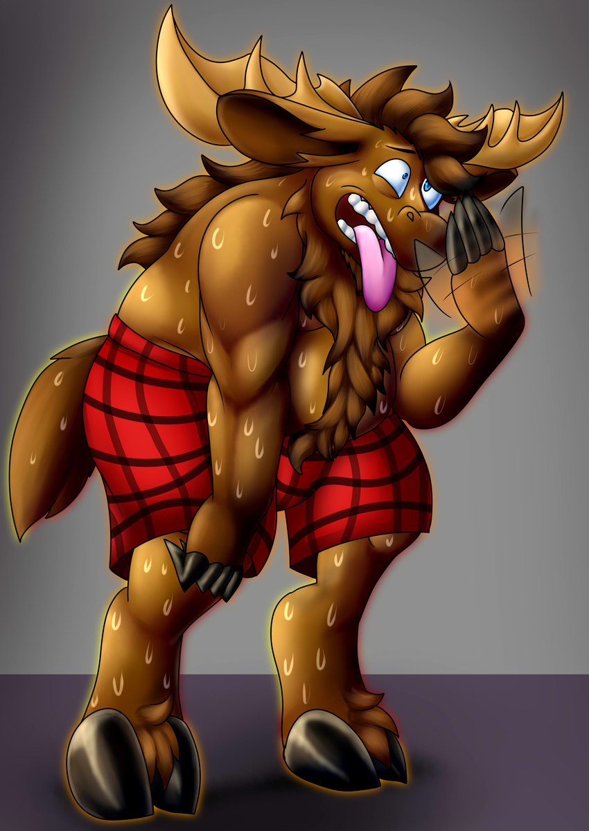 anthro antlers belly bodily_fluids body_hair brown_body brown_fur clothing fanning fanning_self fur happy_trail heat_(temperature) hooves horn male musclegut muscular overheated overheating pattern_clothing pattern_underwear plaid plaid_clothing plaid_underwear solo sweat underwear tyna_stargazer merrick_(denverthedragon) deer mammal moose new_world_deer absurd_res hi_res