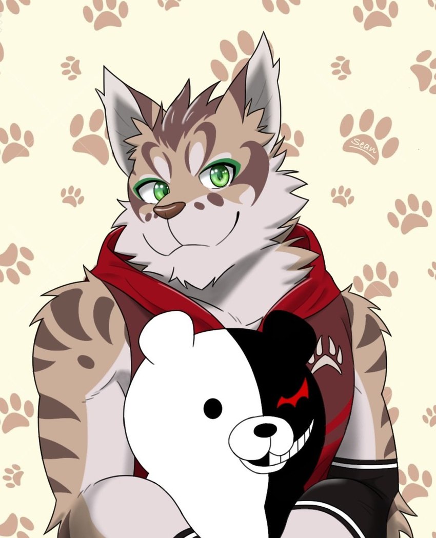 clothing countershading duo footprint fur green_eyes holding_object hoodie male pattern_background pawprint pawprint_background red_clothing red_hoodie red_topwear simple_background smile split_color topwear toy young seandemon danganronpa nekojishi spike_chunsoft studio_klondike monokuma shu-chi bear deity felid feline leopard_cat mammal prionailurus 2020 hi_res