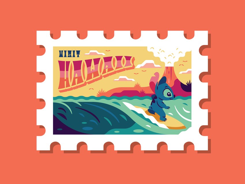 ambiguous_gender anthro back_markings biped blue_body blue_eyes blue_fur blue_nose claws finger_claws fur hawaii head_tuft markings notched_ear orange_background postage_stamp sea simple_background small_tail smile solo surfboard surfing tail text toe_claws tuft volcano water wave adam_grason disney lilo_and_stitch alien ambient_bird experiment_(lilo_and_stitch) 4:3 digital_media_(artwork) english_text hi_res male_(lore)