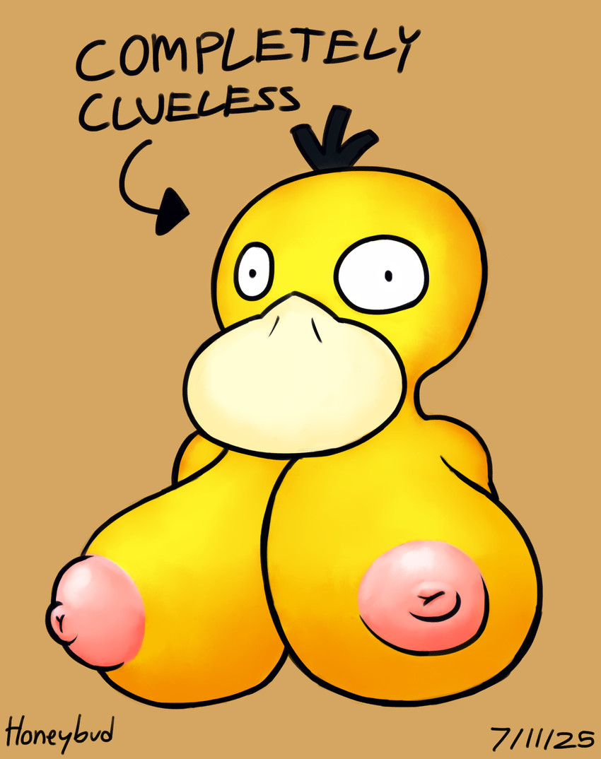 anthro beak big_breasts blank_expression blank_stare breasts female fur huge_breasts solo text yellow_body yellow_fur honeybud nintendo pokemon anatid anseriform avian bird duck generation_1_pokemon pokemon_(species) psyduck hi_res