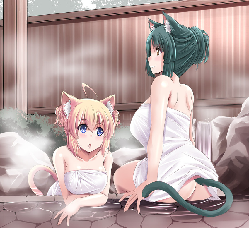 blonde_hair blue_eyes breasts butt duo female green_hair hair hair_bun hot_spring sitting steam towel towel_only water tonpuu animal_humanoid cat_humanoid felid felid_humanoid feline feline_humanoid humanoid mammal mammal_humanoid 2020