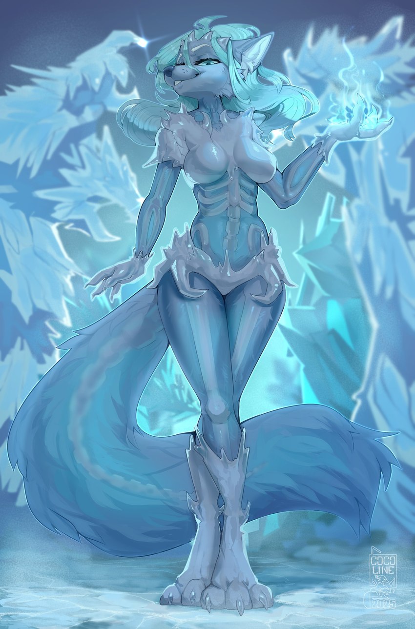 3_toes 4_fingers anthro blue_body blue_eyes blue_fur blue_hair blue_tail breasts claws featureless_breasts feet female fingers front_view fur hair looking_at_viewer low-angle_view solo standing tail teeth toe_claws toes translucent translucent_body cocoline_(artist) canid canine fox mammal 2025 absurd_res digital_media_(artwork) hi_res