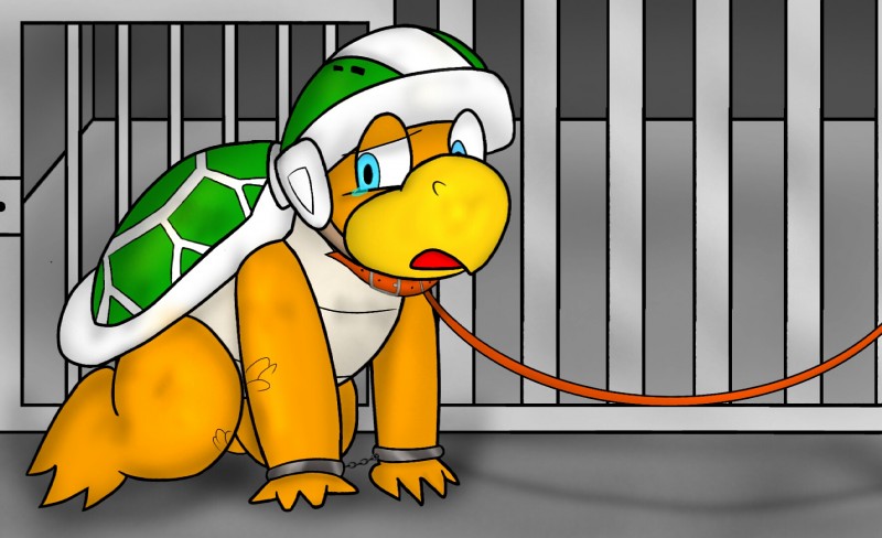 bars bodily_fluids collar crawl crawling cuff_(restraint) dungeon feet forced handcuffs leash male metal_cuffs prison prisoner restraints sex_slave shackles slave tears stargalaxy mario_bros nintendo hammer_bro koopa scalie digital_media_(artwork) hi_res