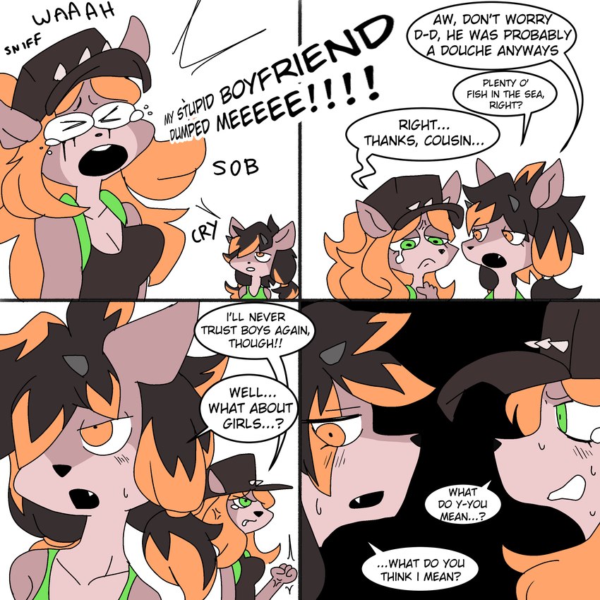 anthro black_hair brown_body brown_fur context dialogue duo female fur green_eyes hair multicolored_hair orange_eyes orange_hair text two_tone_hair ponporio deer mammal 1:1 absurd_res comic english_text hi_res