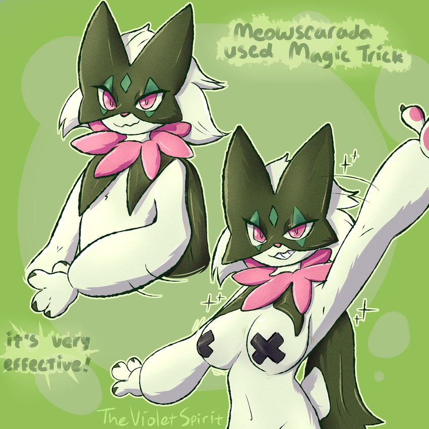 anthro breasts covered_nipples exposed_breasts eyelashes female fur green_background green_body green_fur green_hair grin hair looking_at_viewer magic_trick pasties pawpads pink_eyes pink_pawpads presenting presenting_breasts simple_background smile solo sparkles text thevioletspirit nintendo pokemon felid generation_9_pokemon mammal meowscarada pokemon_(species) english_text hi_res multiple_images signature