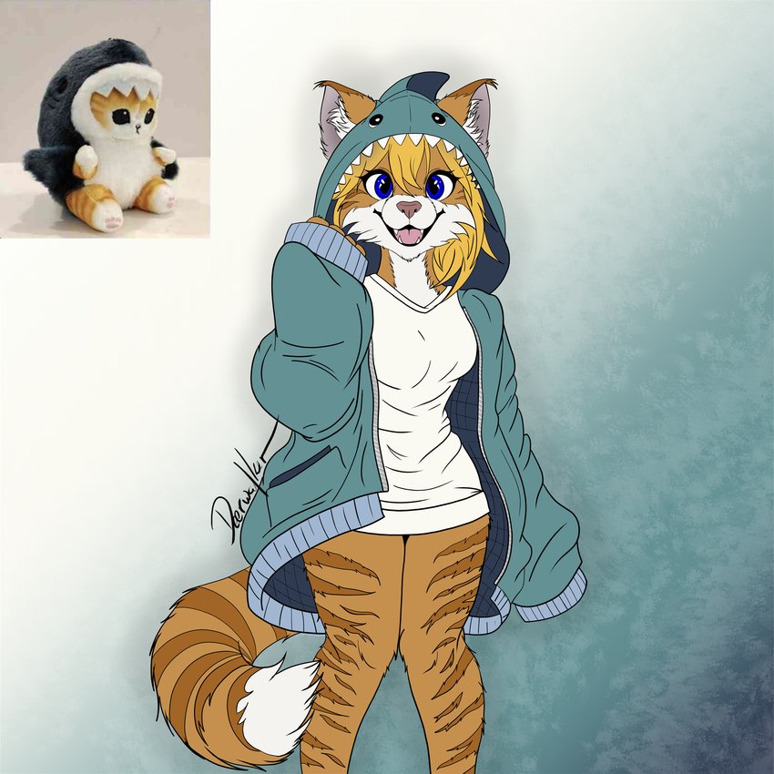 anthro blue_eyes clothed clothing female fur hoodie looking_at_viewer orange_body orange_fur oversized_clothing oversized_topwear pantsless pantsless_anthro pantsless_female simple_background smile solo stripes sweater topwear deerwalker domestic_cat felid feline felis fish mammal marine shark tabby_cat 1:1 flat_colors hi_res